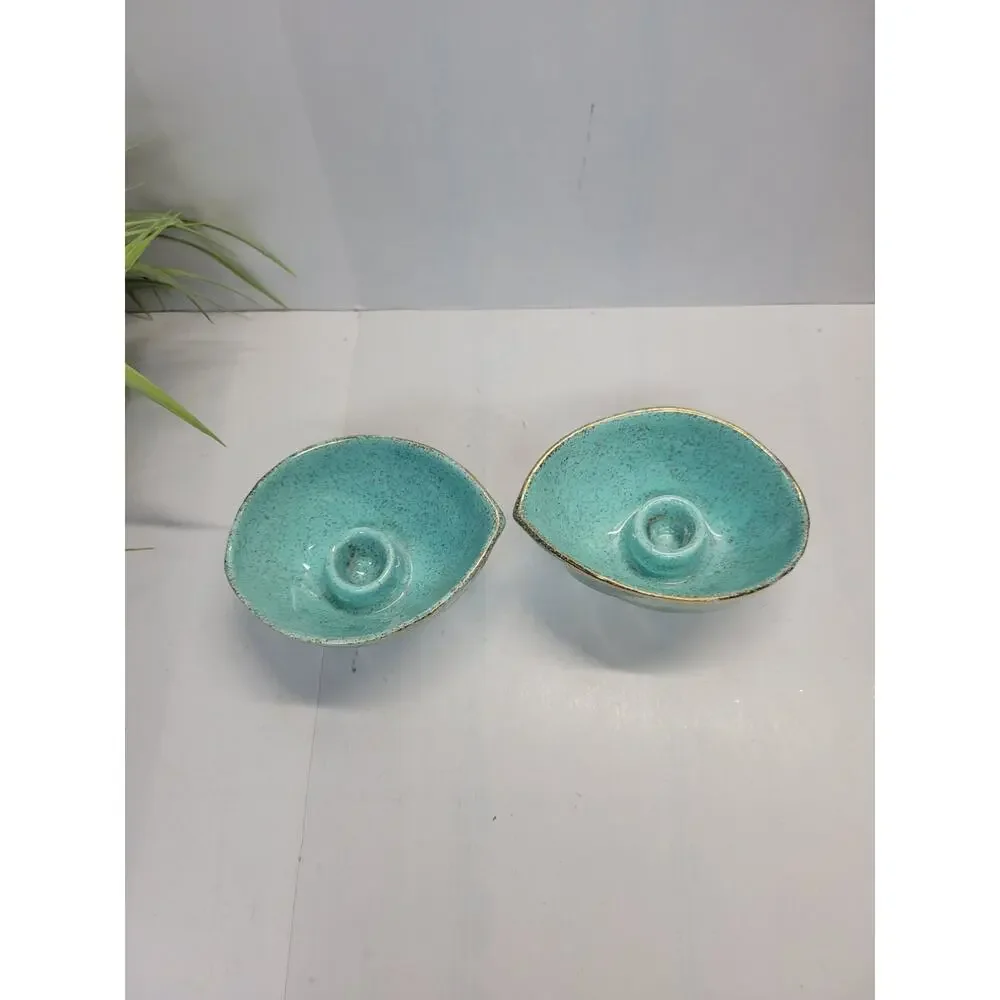 Vintage California Pottery 914 Candle Holders Aqua Gold Speckled MCM Teardrop